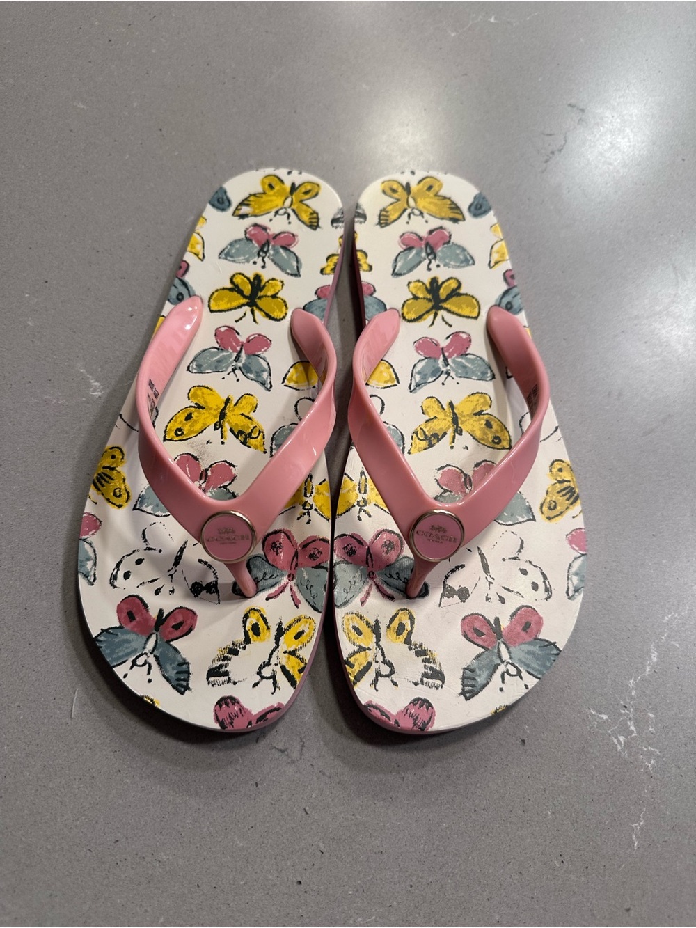 Coach Kids Pink Strap Flip Flops with Butterfly Print